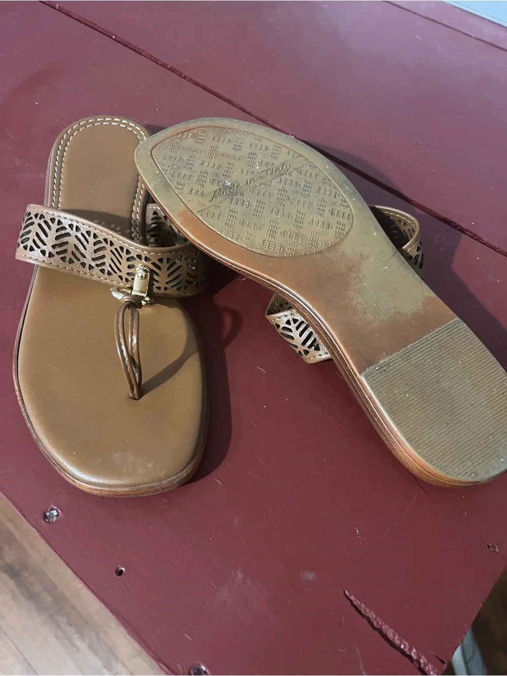 Women's Tan Laser-Cut Thong Sandals with Gold Accent